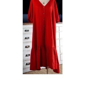 Anthropologie Red Midi Dress with Button Detail